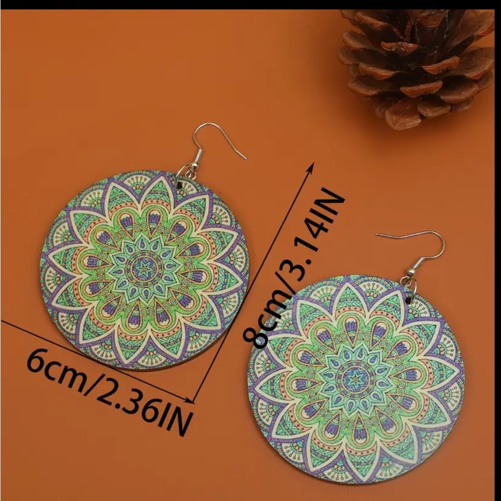 Boho Colorful Round Wooden Disk Drop Style Earrin… - image 2